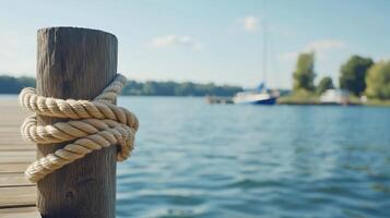 A dock with a rope and a serene lake in the background. photo