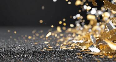 Abstract image of metallic shards and particles on a textured surface. photo