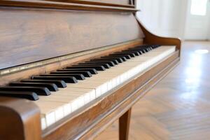 A close-up view of a wooden piano keyboard with black and white keys. photo