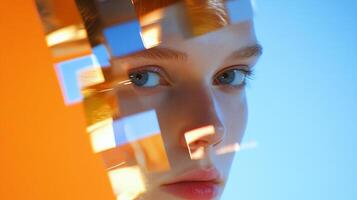 A close-up of a person's face with colorful reflections and a blue background. photo