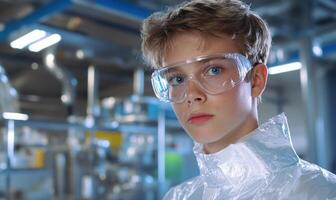 A young person in safety gear stands in a laboratory setting. photo