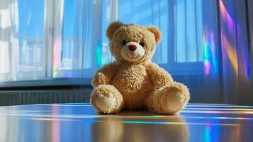 A teddy bear sits on a table with colorful light reflections around it. photo