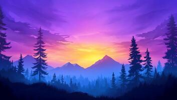 A serene mountain landscape at sunset with vibrant colors and silhouettes. photo