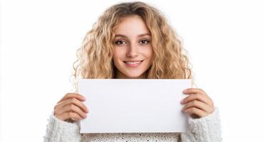 A smiling young woman holds a blank sign for messaging or promotion. photo