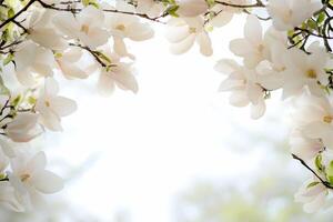 White flowers on a branch with a frame photo