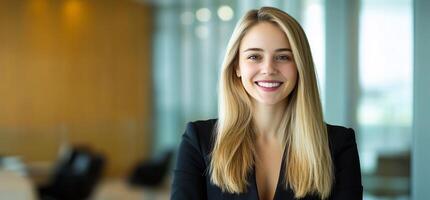 A smiling woman in a professional setting with a modern background. photo
