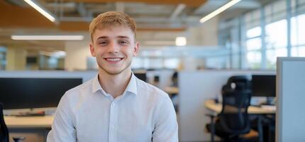 A young man smiling in a modern office setting. photo