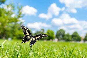 A butterfly perched on grass under a blue sky with fluffy clouds. photo