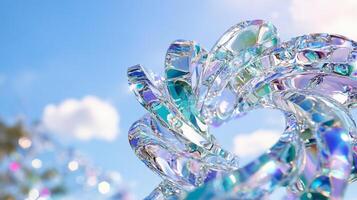 A close-up of a colorful glass sculpture against a blue sky. photo