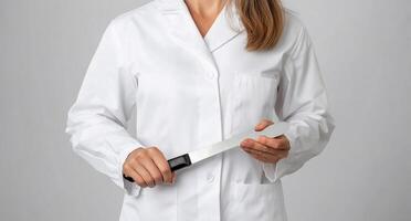 A person in a lab coat holding a knife, suggesting a scientific context. photo