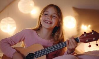 A girl joyfully playing guitar in a cozy, softly lit room. photo