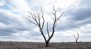 A barren landscape with a leafless tree against a cloudy sky. photo