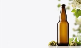 A brown beer bottle surrounded by hops and greenery. photo