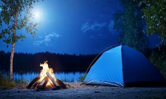 A serene campsite at night with a glowing campfire and tent. photo