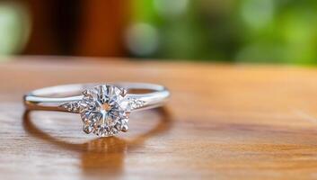 An engagement ring sitting on top of a wooden table photo