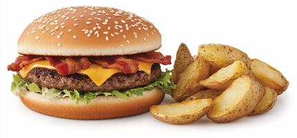 A hamburger with bacon and cheese served with potato wedges. photo