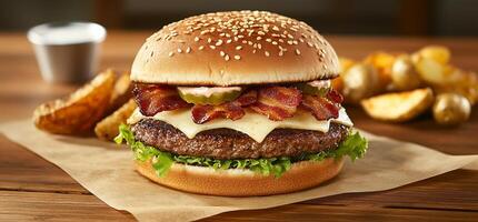 A delicious burger topped with bacon, cheese, and pickles, served with fries. photo