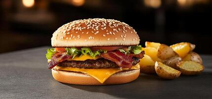 A delicious cheeseburger with bacon, lettuce, and a side of potatoes. photo