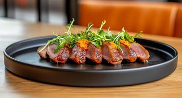 Slices of duck breast garnished with herbs on a modern plate. photo