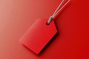 A red price tag with a string, set against a gradient background. photo