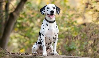 A cheerful Dalmatian dog sitting outdoors in a natural setting. photo