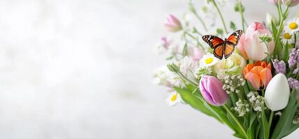 A vase with a bunch of flowers and a butterfly photo