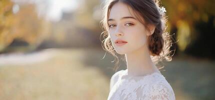 A serene portrait of a bride in a soft, natural setting. photo