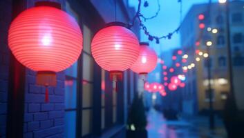 A serene street scene illuminated by red lanterns at dusk. photo