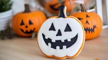 A festive pumpkin-shaped cookie with a spooky face, perfect for Halloween. photo