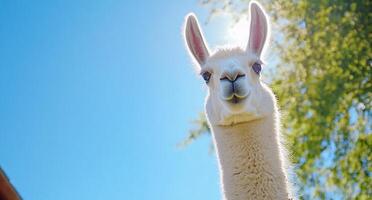 A close-up of a llama against a bright blue sky. photo