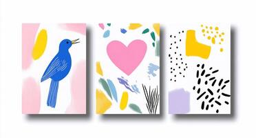 Three colorful illustrations featuring a bird, a heart, and abstract shapes. photo