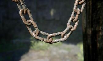 A rusty chain is hanging from a wooden post photo