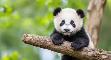 A cute panda cub resting on a branch in a lush green environment. photo