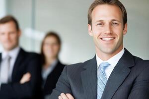 A smiling businessman in a suit with colleagues in the background. photo