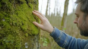 A person gently touches moss on a tree in a forest setting. photo
