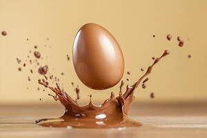 A chocolate splash with an egg hovering above it. photo