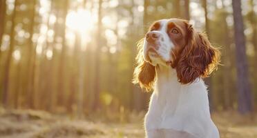 A dog in a sunlit forest, exuding calm and curiosity. photo