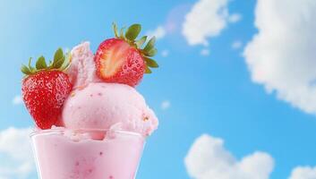 A refreshing strawberry ice cream dessert against a blue sky background. photo