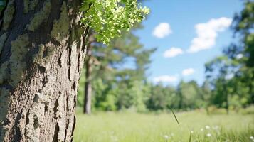 A close-up of a tree trunk in a sunny, green forest setting. photo