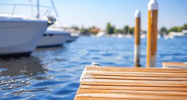 A serene dock by the water with boats in the background. photo