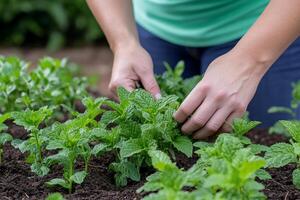 A person tending to mint plants in a garden. photo