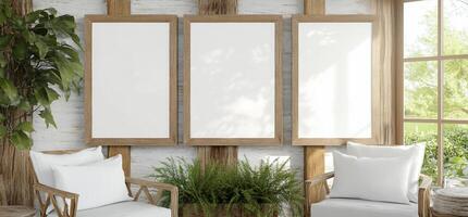 A serene interior with blank frames and greenery inviting creativity. photo