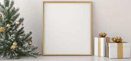 A festive scene with a blank frame, Christmas tree, and gift boxes. photo