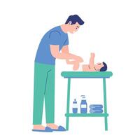 Father changing baby's diaper on table during infant care routine vector