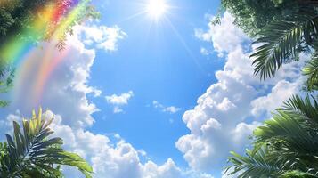 A bright sky with clouds and lush greenery framing the scene. photo
