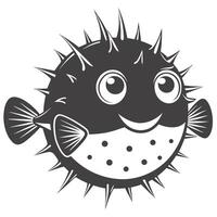 Illustration Of Cute Pufferfish With Spikes In Black And White Monochrome vector