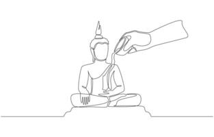 Continuous one line drawing of hand pouring water on statue of buddha, traditional songkran festival concept, single line art vector