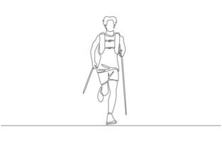 Continuous one line drawing of trail runner running with poles, trail running concept, single line art vector