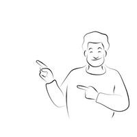 half length of smiling man pointing with two hands and fingers illustration hand drawn with black lines isolated on white background. vector