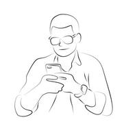 man with short hair with glasses using smartphone illustration hand drawn with black lines isolated on white background. vector